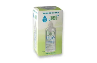 Æske med Biotrue Flight Pack kontaktlinsevæske